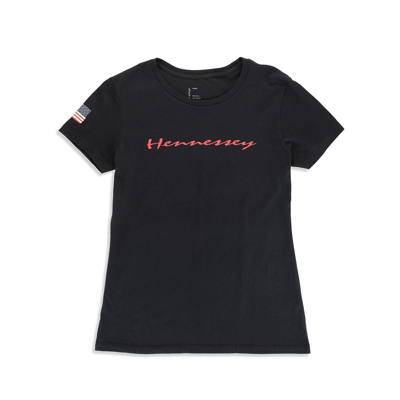 Black t-shirt with Hennessey written in red in the middle