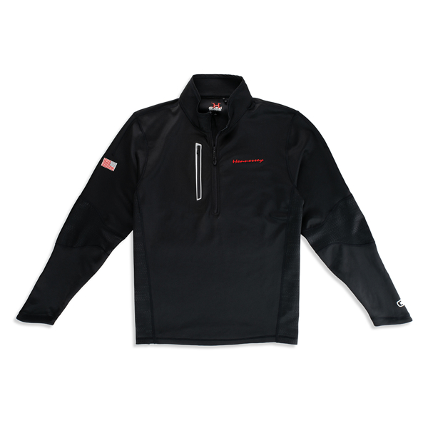 Black quarter zip with a small red Hennessey logo on the left peck