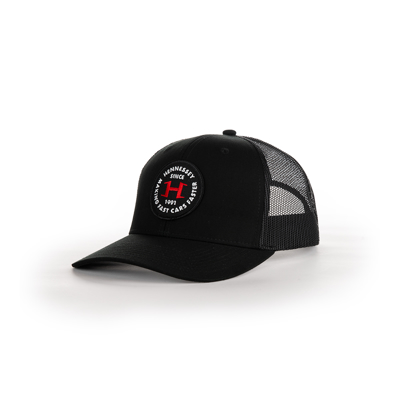Front of the black trucker hat, with round Hennessey logo on the front center