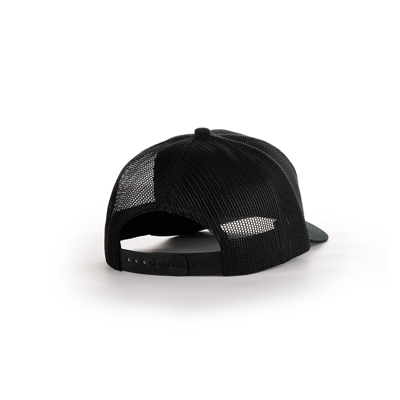 Front of the black trucker hat, with round Hennessey logo on the front center