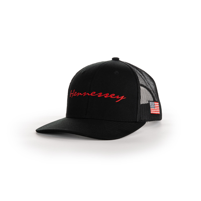 Front of the black trucker hat, written Hennessey in red on the front-center