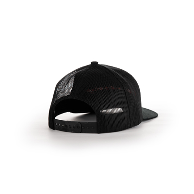 Front of the black trucker hat, written Hennessey in red on the front-center