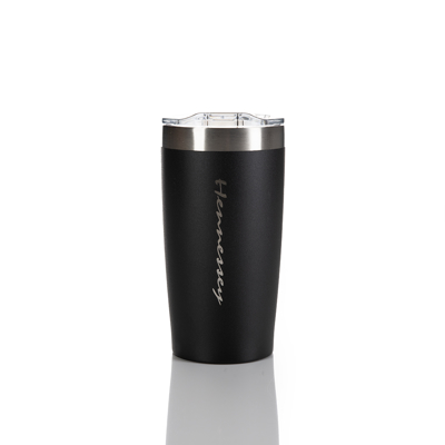 Black tumbler written Hennessey in white in the middle, top to bottom