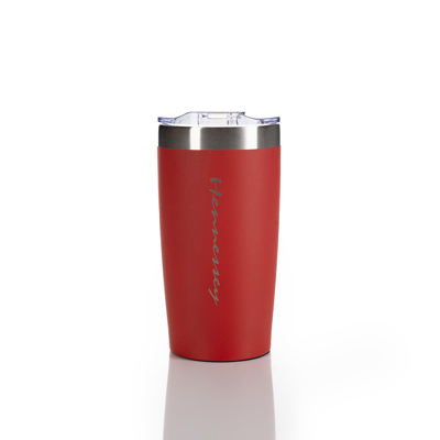 Red tumbler, wirtten Hennessey in white, top to bottom