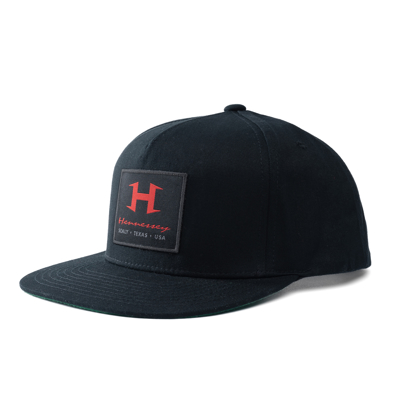 Black trucker hat viewdd from the left side, there's a red H for Hennessey in the front-center