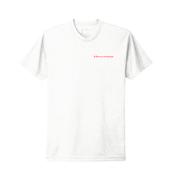 Image of the front of a white short sleeve tee with the red Hennessey logo on the front