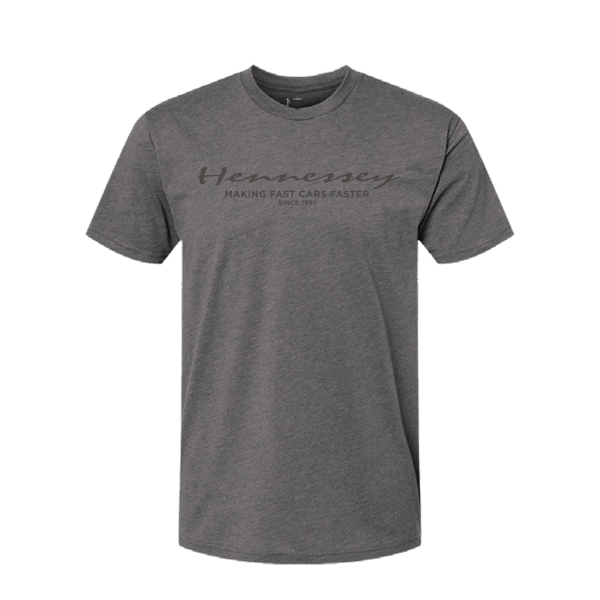 Image of the front of a grey short sleeve tee with a Hennessey design