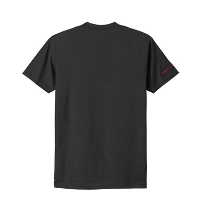 Image of the front of a black short sleeve tee with a red Hennessey flag design, and a small Hennessey logo on the sleeve