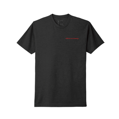 Image of the front of a black short sleeve tee with the red Hennessey logo on the front