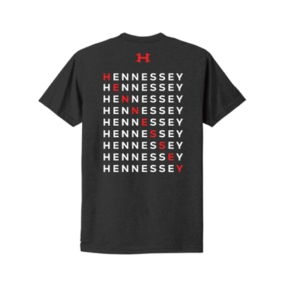 Image of the front of a black short sleeve tee with the red Hennessey logo on the front