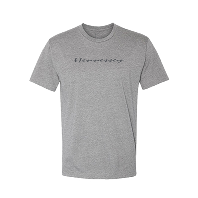 Image of the front of a dark heather grey short sleeve t-shirt with the Hennessey logo on the chest