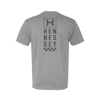 Image of the back of a dark heather grey short sleeve t-shirt with a checkered design on the back