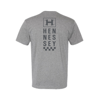 Image of the front of a dark heather grey short sleeve t-shirt with the Hennessey logo on the chest
