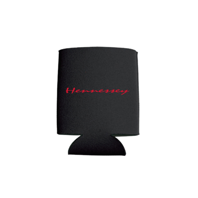 Image of a black can koozie with the Hennessey red logo on it