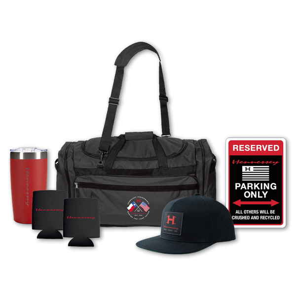  Hennessey gift set featuring a black duffel bag, a red insulated tumbler, two black can koozies, a black hat patch hat and a "Reserved Parking" sign with the Hennessey logo.