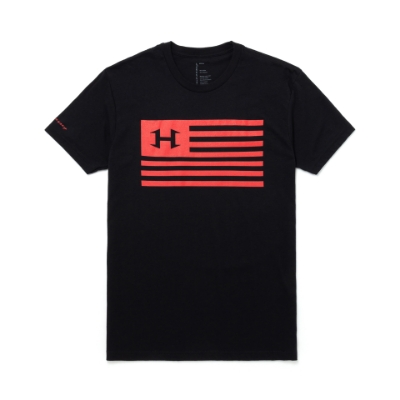 Image of the front of a black short sleeve tee with a red Hennessey flag design, and a small Hennessey logo on the sleeve