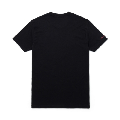 Image of the front of a black short sleeve tee with a red Hennessey flag design, and a small Hennessey logo on the sleeve