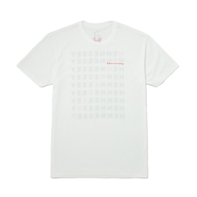 Image of the front of a white short sleeve tee with the red Hennessey logo on the front