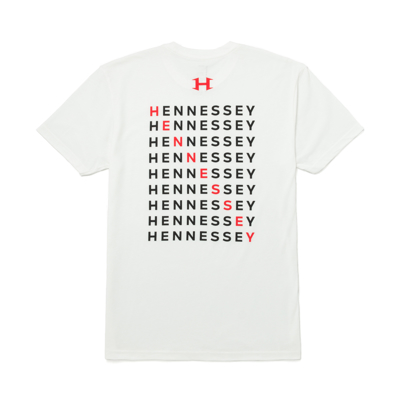 Image of the front of a white short sleeve tee with the red Hennessey logo on the front