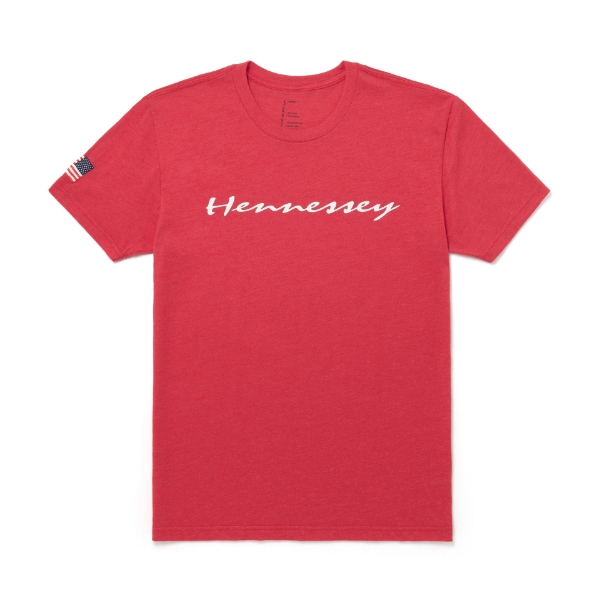 Hennessey white script imprinted on the full from of a red tee. American flag imprinted on the right sleeve.