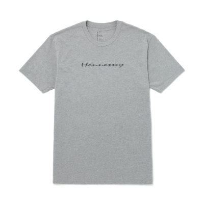 Image of the front of a dark heather grey short sleeve t-shirt with the Hennessey logo on the chest