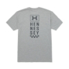 Image of the back of a dark heather grey short sleeve t-shirt with the Hennessey logo on the chest