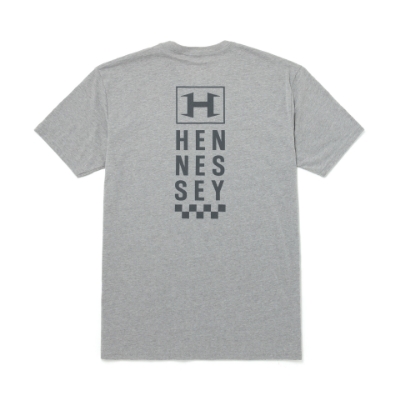 Image of the front of a dark heather grey short sleeve t-shirt with the Hennessey logo on the chest