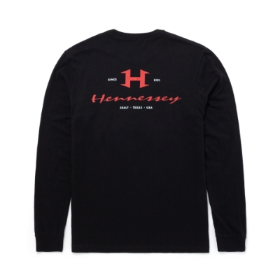 Black tee with red and white Hennessey circular design on left chest. Front image