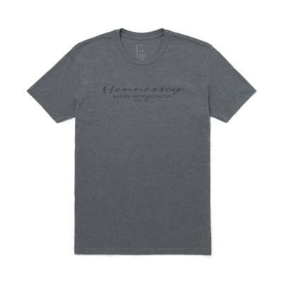 Image of the front of a grey short sleeve tee with a Hennessey design