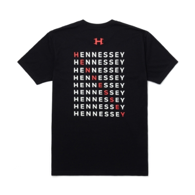 Image of the front of a black short sleeve tee with the red Hennessey logo on the front