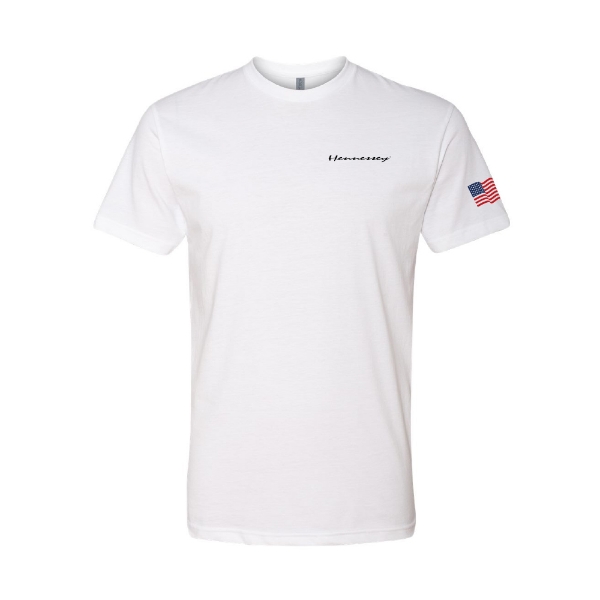 Front view of the white Hennessey VelociRaptoR 1000 Tee with logo and American flag sleeve patch
