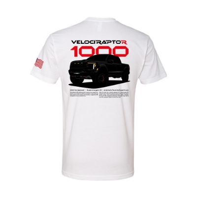 Front view of the white Hennessey VelociRaptoR 1000 Tee with logo and American flag sleeve patch